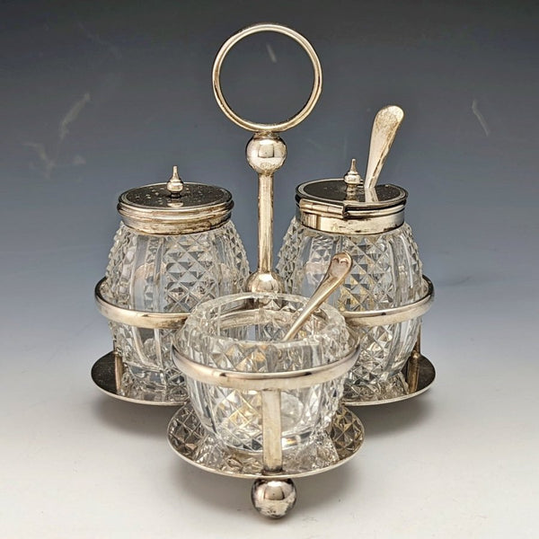 1902年頃 英国アンティーク 純銀&カットグラス 調味料入れセット 366g ELKINGTON & Co
